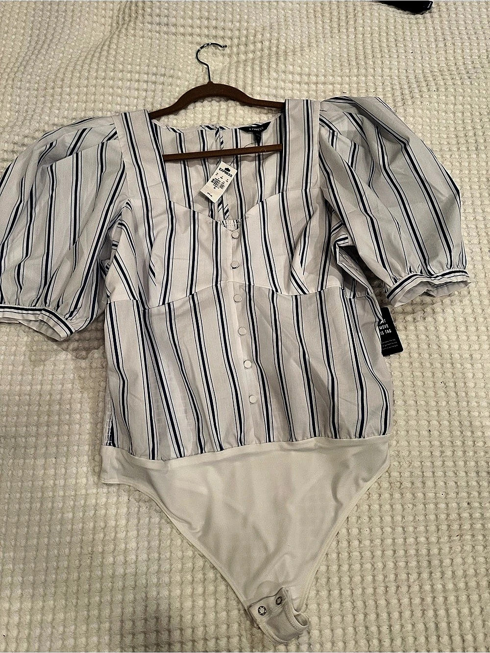 NWT - Express Blue/White Striped Button Front Puff Sleeve Thong Bodysuit XL